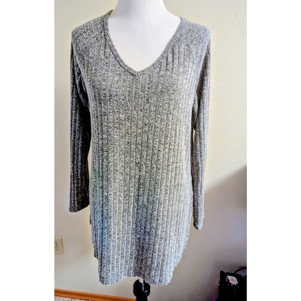 French Laundry Gray Rib Knit Sweater Tunic Size L Soft Cozy V Neck Long Sleeve